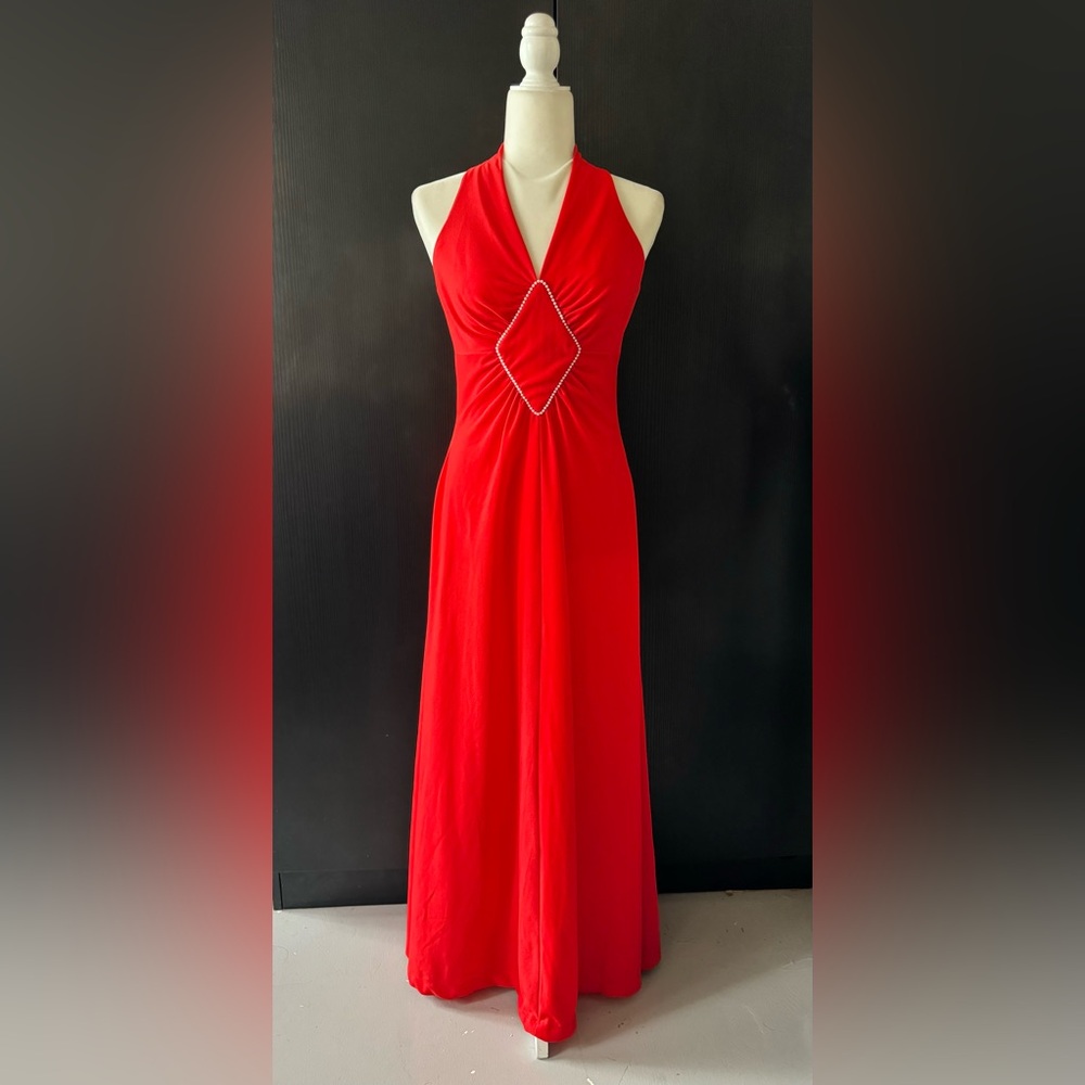 VTG Vintage 70s Red Pearl Beaded Plunge V Neck Sleeveless Gown Maxi Dress Small
